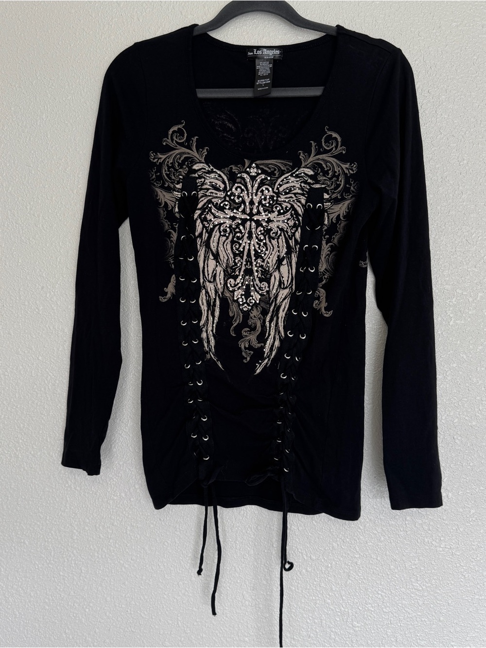 Los Angeles Bus Stop Size L Black Top Cross Angel Wings Grunge Biker Whimsigoth